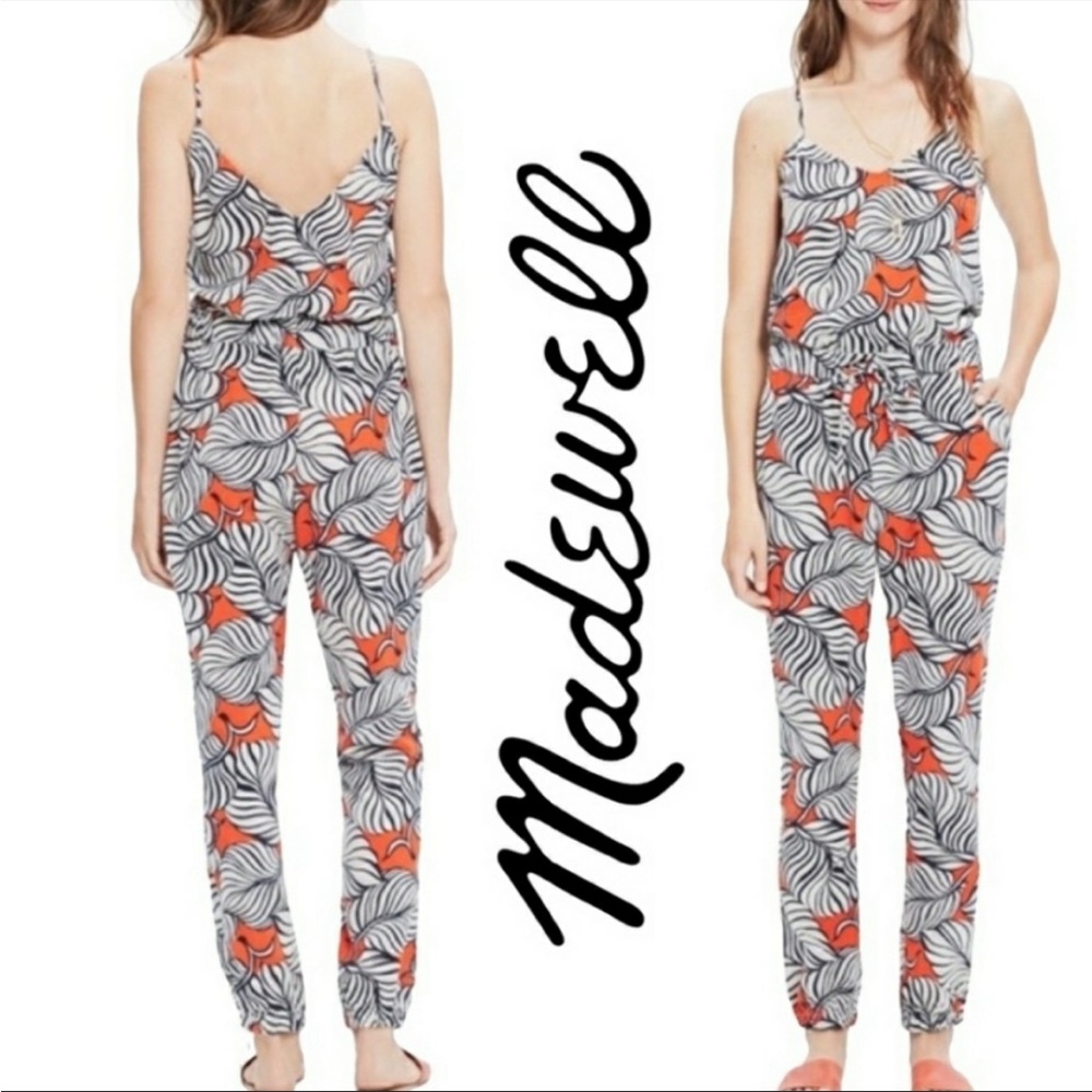 Madewell Black and Orange Leaf Print Jumpsuit